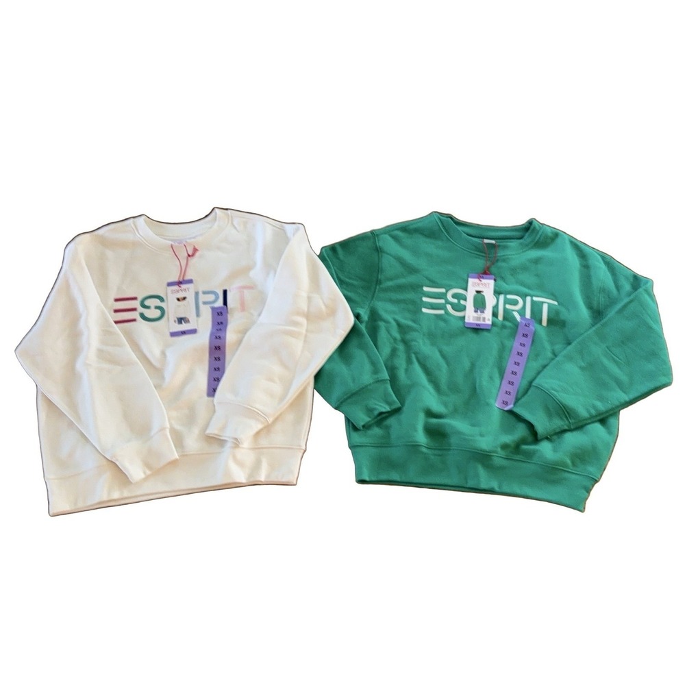 Esprit Crewneck Sweatshirt Women XS White Green Pullover Logo Retro lot